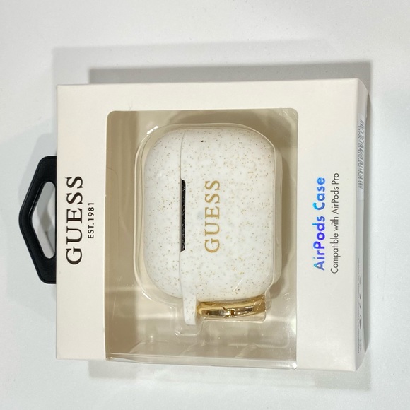 GUESS White Gold Glitter AirPod PRO Keychain Ring Silicone Case - Picture 6 of 6